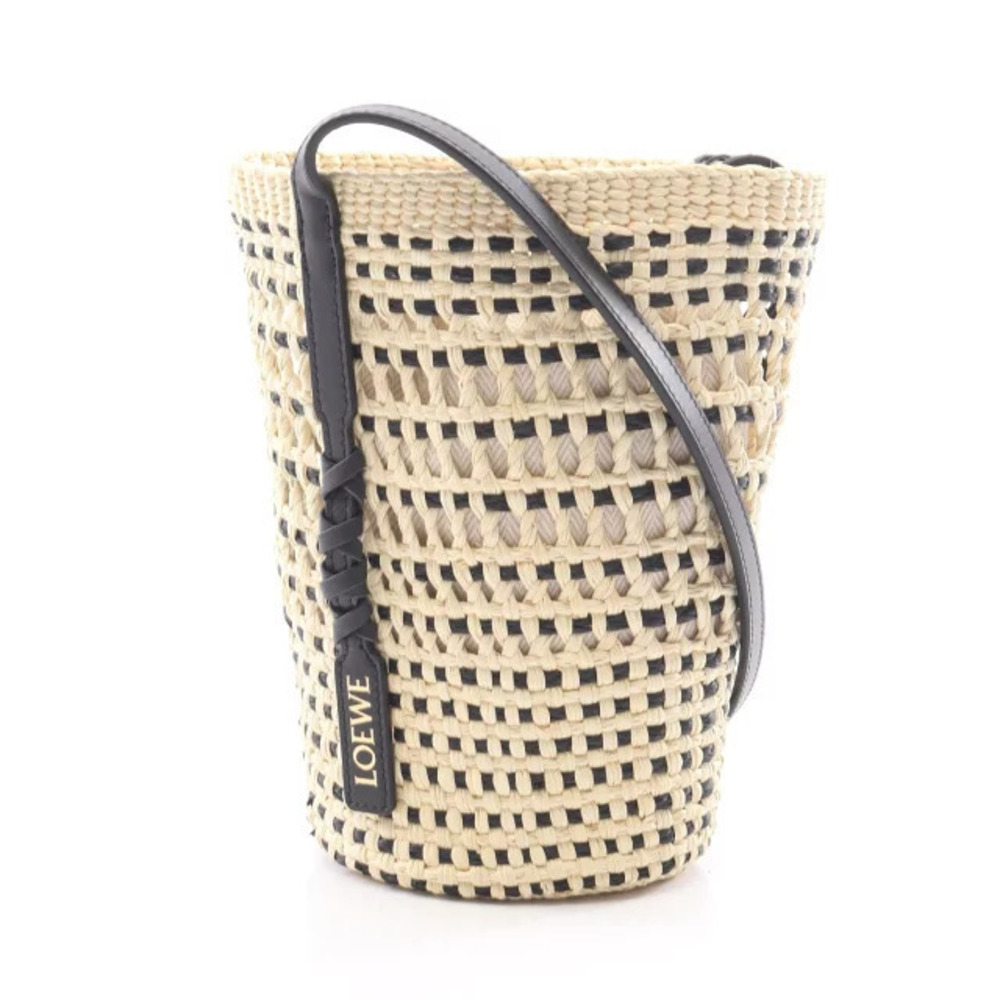 Loewe Braided Pocket Leather Raffia Shoulder Bag Beige Black